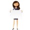 Woman with board. Confident young businesswoman holding board cutout. Cute girl holding a large horizontal banner. Vect