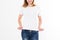 Woman body in empty white t-shirt mockup closeup isolation