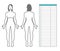 Woman body measurement. Scheme of measurement human body front and back. Table for entries and notes. Vector template for sewing