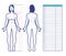 Woman body measurement. Scheme of measurement human body front and back. Table for entries. Vector template for sewing clothes,