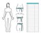 Woman body measurement. Scheme of measurement human body. Table for entries and notes. Vector template for sewing clothes, dieting