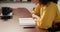 Woman, book and reading a bible in home for worship, gratitude and information on God in living room. Christianity