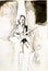 A woman in boots and an electric guitar sings a song. Pencil drawing.