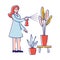 Woman Botanist Watering Home Plant in Flowerpot from Sprayer Bottle. Gardening Hobby