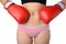 Woman with the boxing gloves fight with her belly, Diet concept