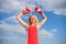 Woman boxing gloves raise hands blue sky background. Girl boxing gloves symbol struggle for female rights and liberties