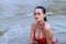 Woman breast happy with red bikini on beach