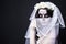woman bride with creative sugar skull make up and bridal veil over black