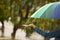 Woman with bright umbrella under rain on street