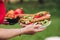 Woman bringing fresh sandwiches. Close-up of unrecognizable woman carrying delicious homemade sandwiches on plates