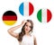 Woman and bubbles with countries flags.