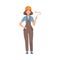 Woman builder with dark gray overalls with a paint roller in hand. Vector illustration.