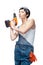 Woman builder worker with drill standing against white background