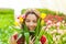 Woman with bunch of tulip flowers