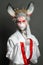 Woman bunny. Female model in animal mask on gray background. Halloween, Carnival and Cosplay concept