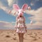 a woman in a bunny mask is standing in the desert with balloons behind her