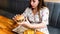 Woman burger eating. Hungry Girl Biting Hamburger. Fast food, people and unhealthy eating concept.