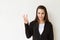 Woman business executive showing 3 or three fingers hand gesture