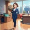 Woman in business suit carrying large boulder, heavy responsibility in office, cute simple anime style illustration