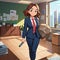 Woman in business suit carrying large boulder, heavy responsibility in office, cute simple anime style illustration