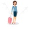 Woman in a business suit with luggage. Business travel concept