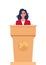 Woman in a business suit stands on a rostrum in front of the microphones. Woman orator speaking from tribune. Vector illustration