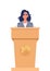 Woman in a business suit stands on a rostrum in front of the microphones. Woman orator speaking from tribune. Vector illustration