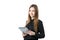 Woman business technology theme. Beautiful young caucasian woman in black shirt posing standing with tablet hands on white isolate