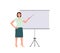 Woman business trainer giving lecture making presentation nearby whiteboard with copy space