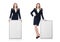 The woman businesswoman with blank board on white