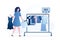 Woman buyer in clothes shop. Female character holds dress and shopping bags in hands. Floor hanger with various women`s clothing