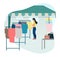 Woman buying clothes at street market flat vector illustration. Trade tent, fair awning. Buyer at outdoor local clothing store,