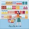 Woman buying products on grocery store background. Flat vector illustration.