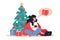 Woman buys Christmas gifts online store. New Year`s online shopping from home. Vector illustration