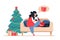 Woman buys Christmas gifts online store. New Year`s online shopping from home. Vector illustration for a greeting card