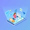 Woman buys medications, drugs with laptop. Online pharmacy isometric vector concept