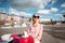 Woman at the cafe outdoors in Honfleur town