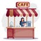 Woman in a cafe stands at the cash register and makes coffee, isolated object on a white background, vector illustration