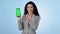 Woman, call center and phone green screen for contact us, join us or telemarketing mockup on blue background. Face of