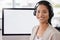 Woman, call center portrait and blank computer screen with smile for customer service, tech support and help. Female