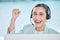 Woman, call center portrait and fist celebration with smile for winning, success or yes for customer service. Girl