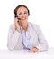 Woman, callcenter and headset with mic for phone call with communication, contact us and CRM on white background