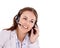 Woman, callcenter and headset for phone call with communication, telecom and CRM on white background. Customer service