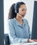 Woman, callcenter and phone call with CRM and headset, communication, technology and working at computer. Customer