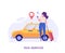 Woman calling a taxi, checking where the car is. Concept of taxi service, geolocation, convenient use, car, driver. Vector