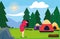 woman camping forest tents trees field