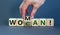 Woman can symbol. Businessman turns a cube and changes the word \'woman\' to \'can\'.