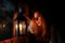 Woman candle lamp dark night
