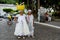 Woman of the candomble religion carrying gifts for Iemanja on her head. City of Cachoeira, Bahia