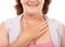 Woman, care and hand on chest in support with empathy, kindness and wellness in white background. Studio, closeup and